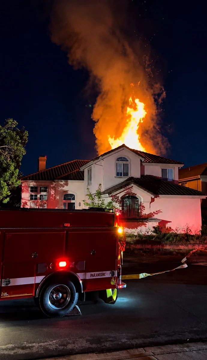 Structure fire with fire apparatus on scene at night