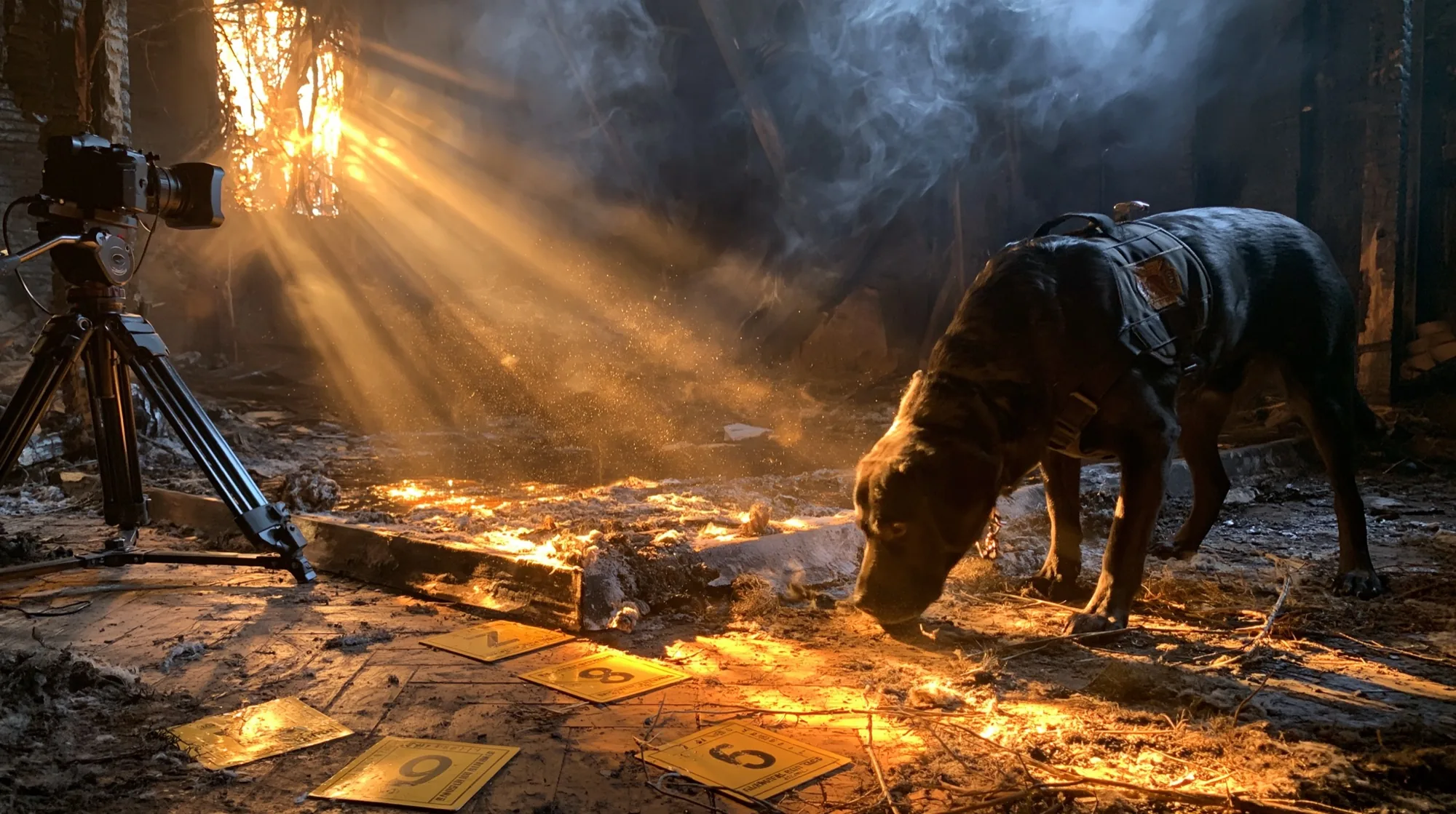 Tank searching a fire scene for potential ignitable liquid evidence among numbered evidence markers and investigation equipment